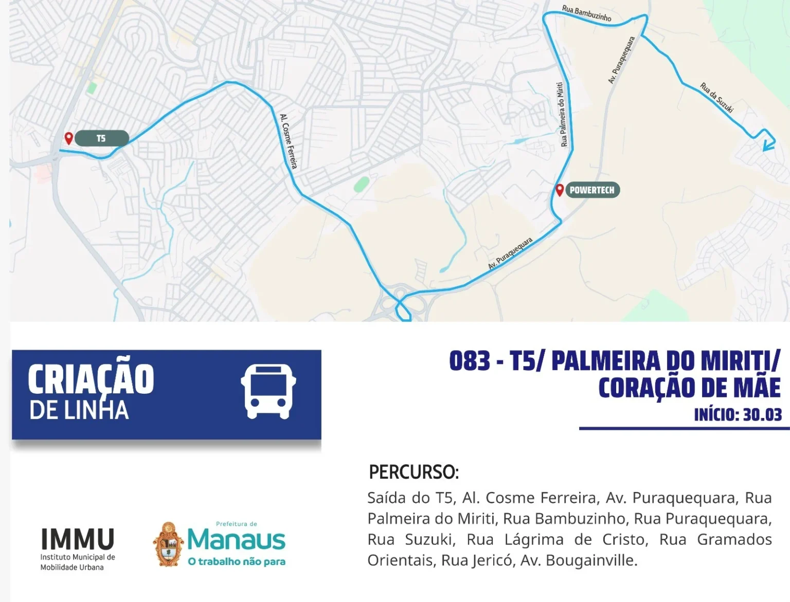Nova Linha de Ônibus do IMMU Conecta Comunidades da Zona Leste de Manaus a partir de 30/3